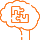 Orange brain icon with a circuit maze inside.