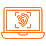 Orange laptop icon with a leaf on the screen.